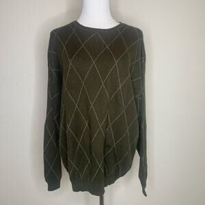 Vintage Army Green Sweater Diamond Print Large